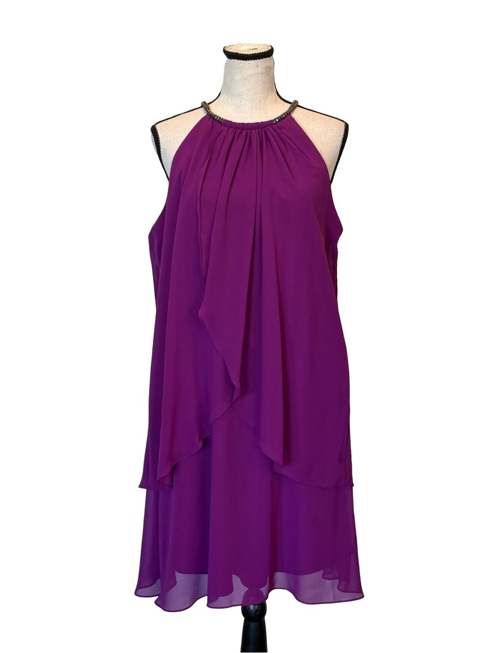 SLNY Purple Chiffon Overlay Cocktail Dress Beaded Halter Neck Size 12